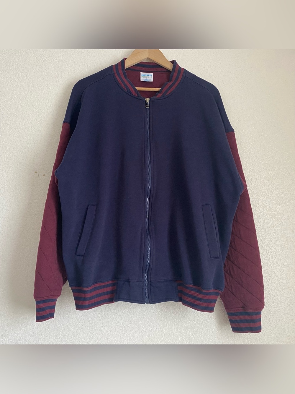 Vintage Cheetah by Mervyns zip quilted sleeve varsity jacket, navy/burgundy, L